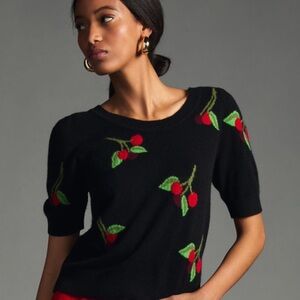 Women’s Maeve Puff-Sleeve 100% Cashmere Sweater Cherry print NWT $168 Size Small